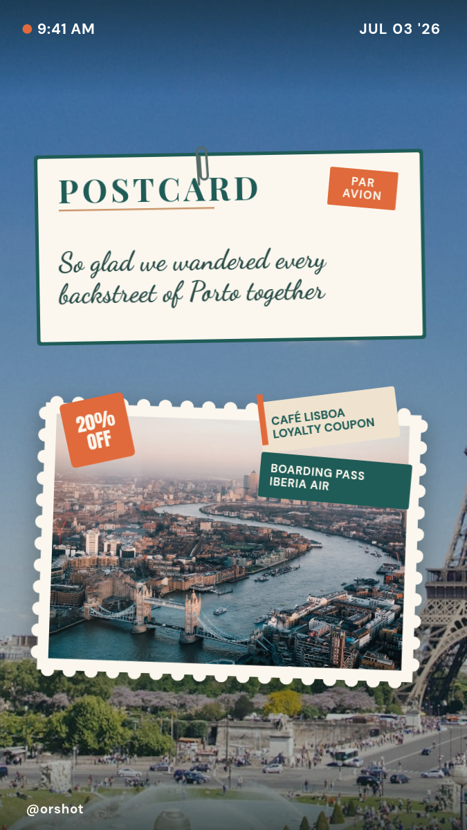 Vintage Postcard Travel Story with Stamp Photo and Tickets