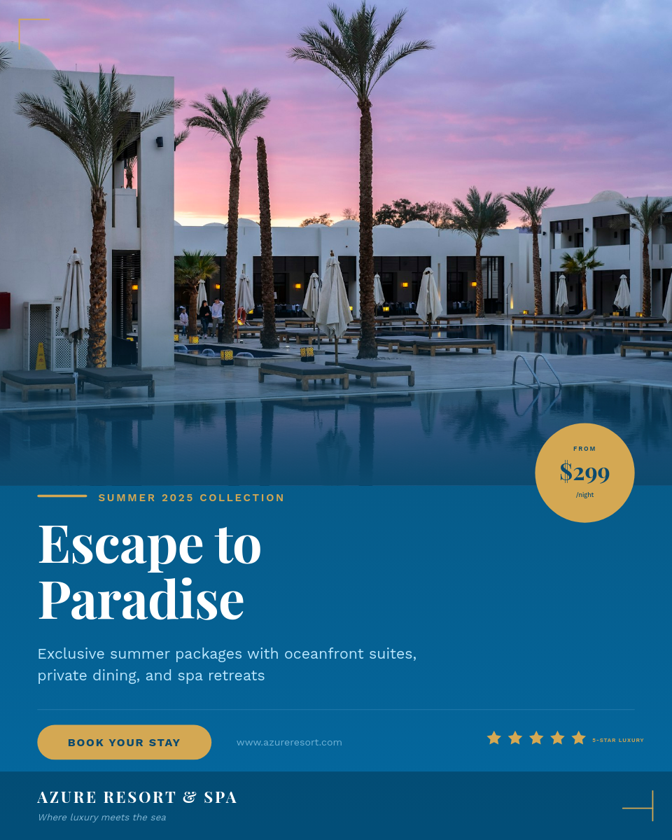 Bright Azure Luxury Resort Summer Getaway Ad with Pool Photo and Gold Accent Details