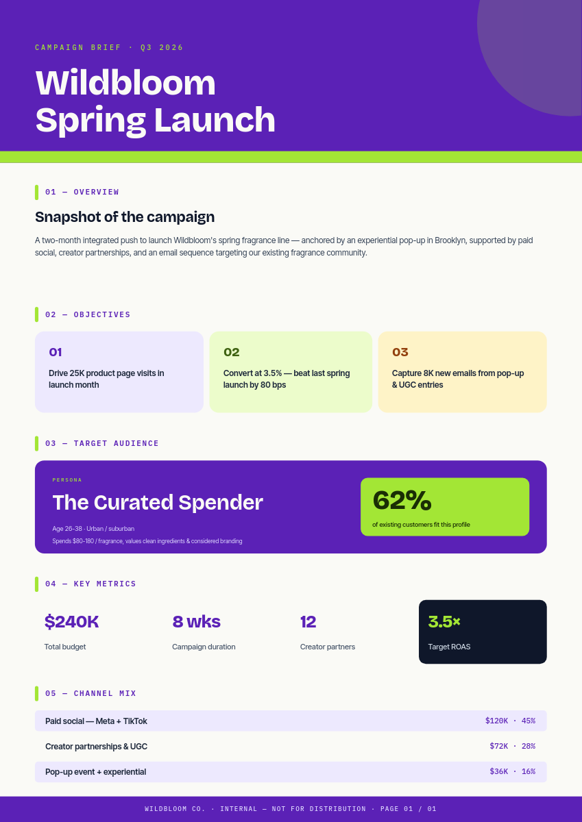 Vibrant Violet & Chartreuse Marketing Campaign Brief A4 with Bold Section Blocks