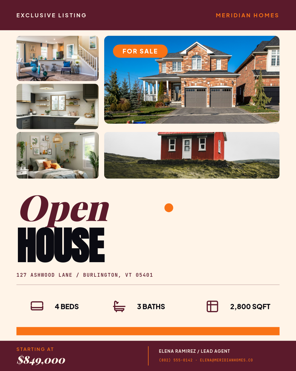 Wine & Tangerine Modern Suburban Open House Real Estate 4:5 with 4-Photo Collage