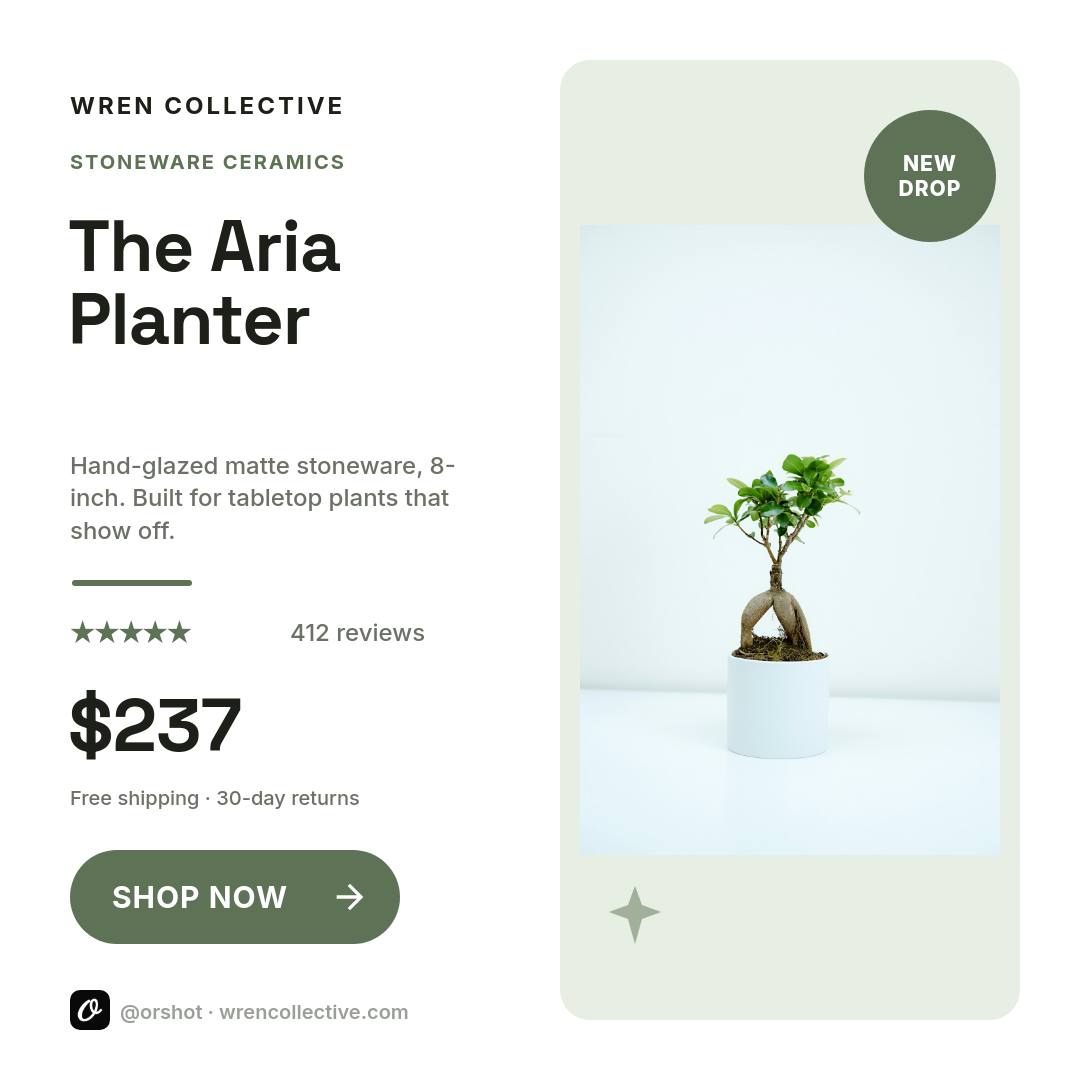 Clean White & Sage Ceramic Planter Product Card — Space Grotesk Name, Price Stack & New-Drop Coin