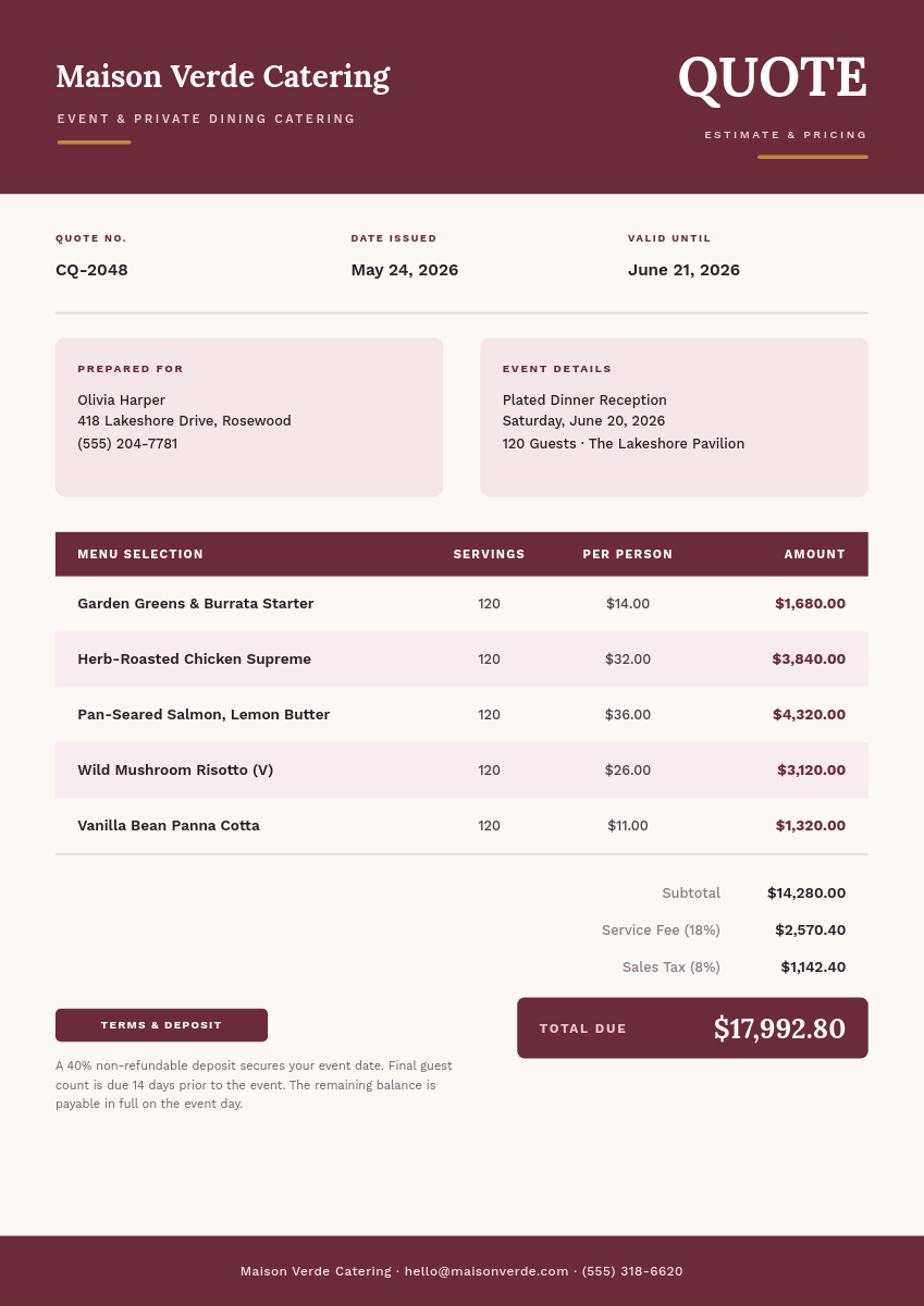 Wine & Blush Catering Event Quote Document with Menu Table