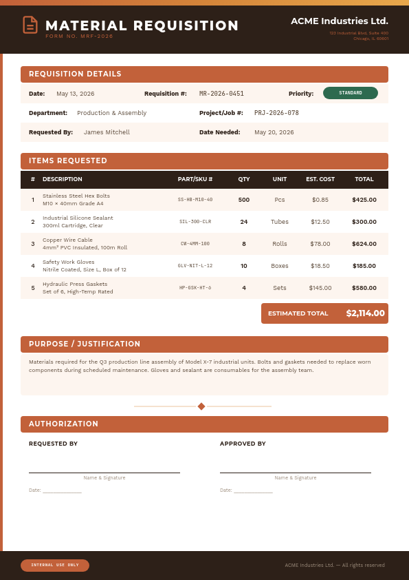 Professional Material Requisition Form with Rust Orange Headers and Itemized Table