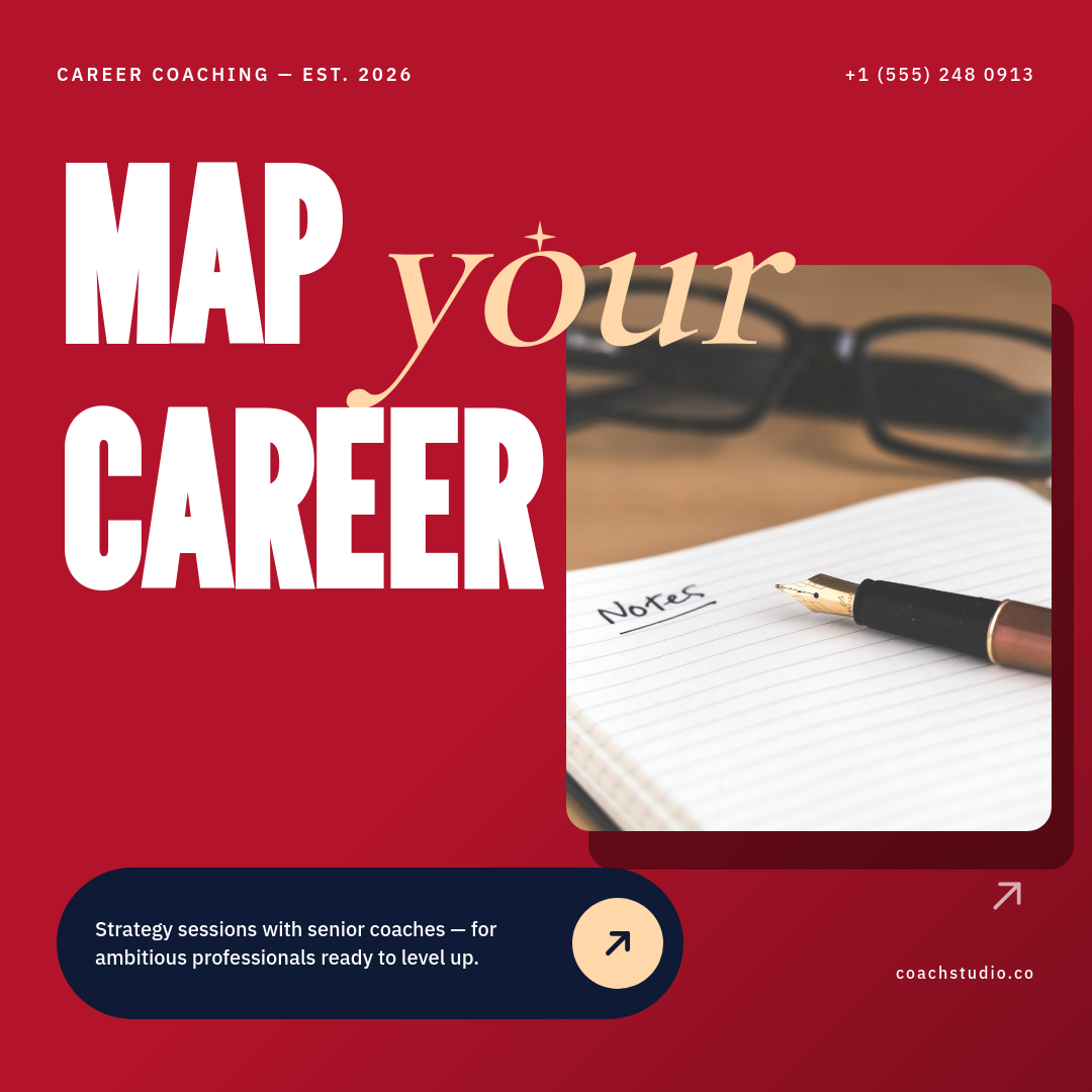 Crimson Bold Condensed Sans Career Coaching Service Instagram Square Ad with League Gothic Stacked Headline, Hero Notebook and Pen Photo, Dark Navy CTA Pill and Corner Arrow SVG