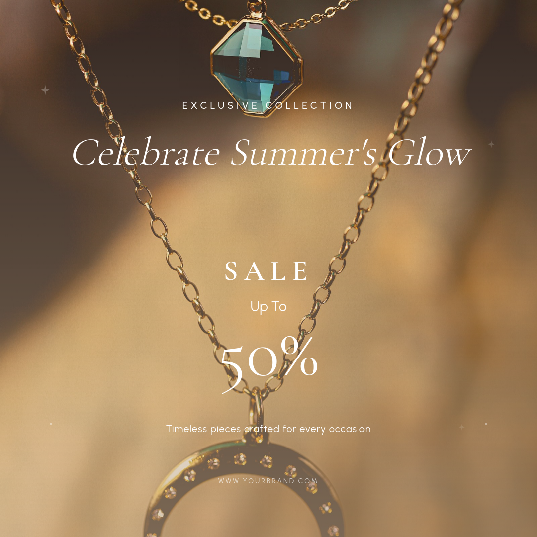 Warm Gold Jewelry Collection Sale with Serif Headline and Thin Frame Overlay