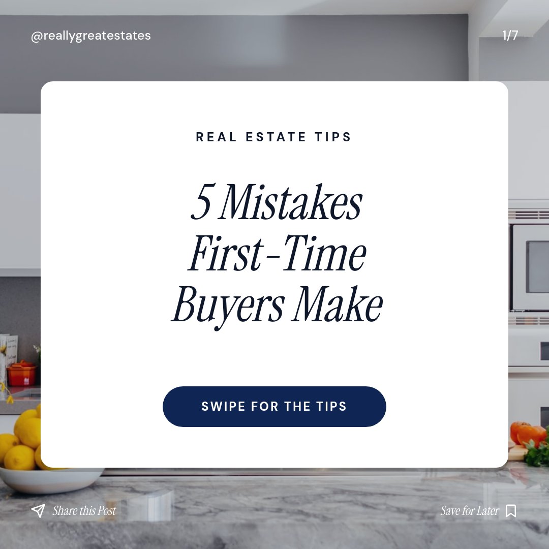 Editorial Italic Serif Real Estate Tips Carousel Cover Instagram Post with White Rounded Card on Modern Kitchen Photo and Navy Swipe CTA Pill
