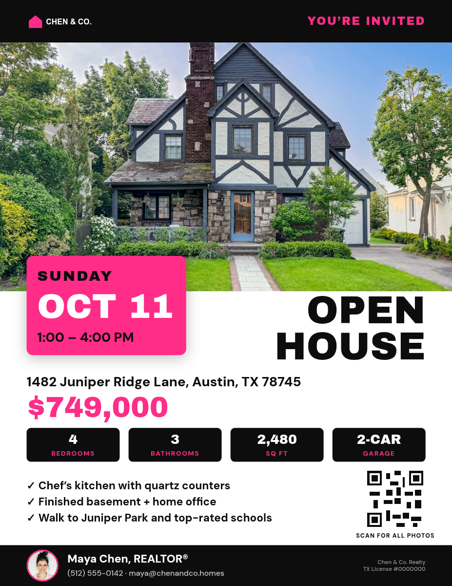 Open House Flyer Template — Letter Size, Black & Hot Pink