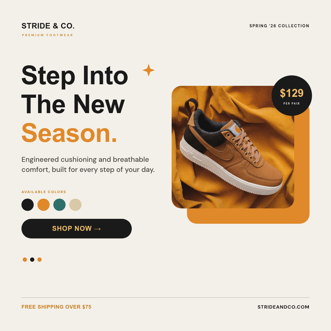 Bold Amber Sneaker Product Ad with Split Photo-Card Layout