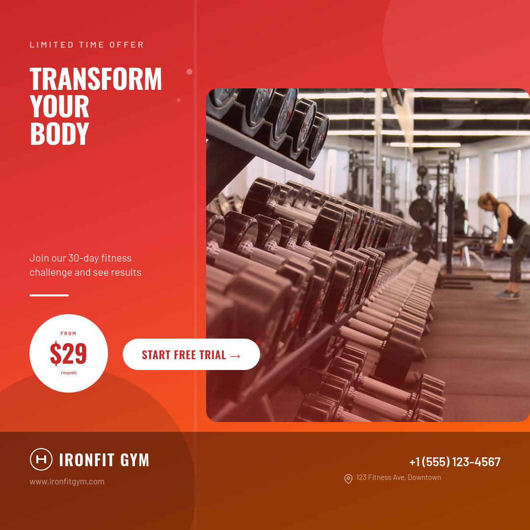 Bold Red Gym Membership Promotion with Hero Photo and Price Badge
