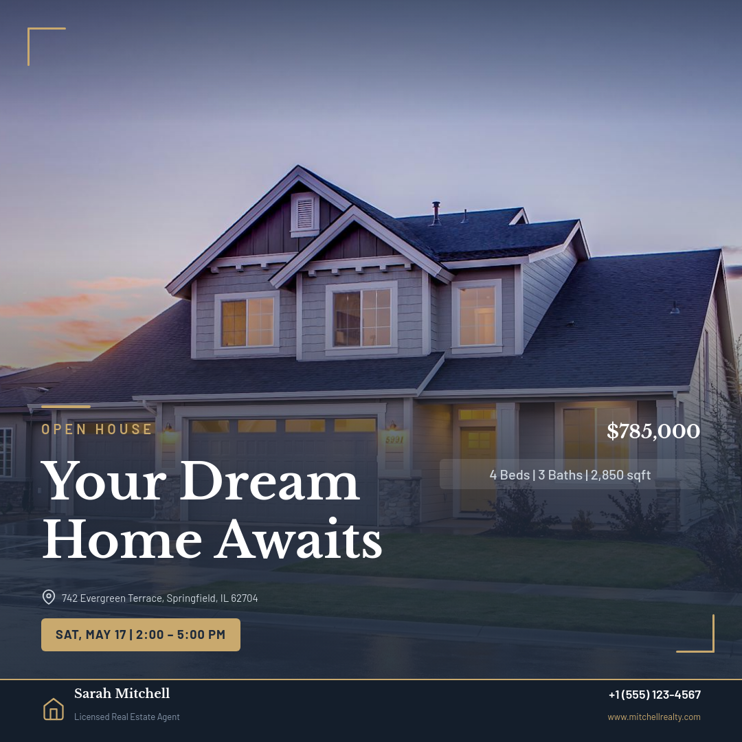 Charcoal Open House Property Showcase with Serif Headline and Gold Accent Bar