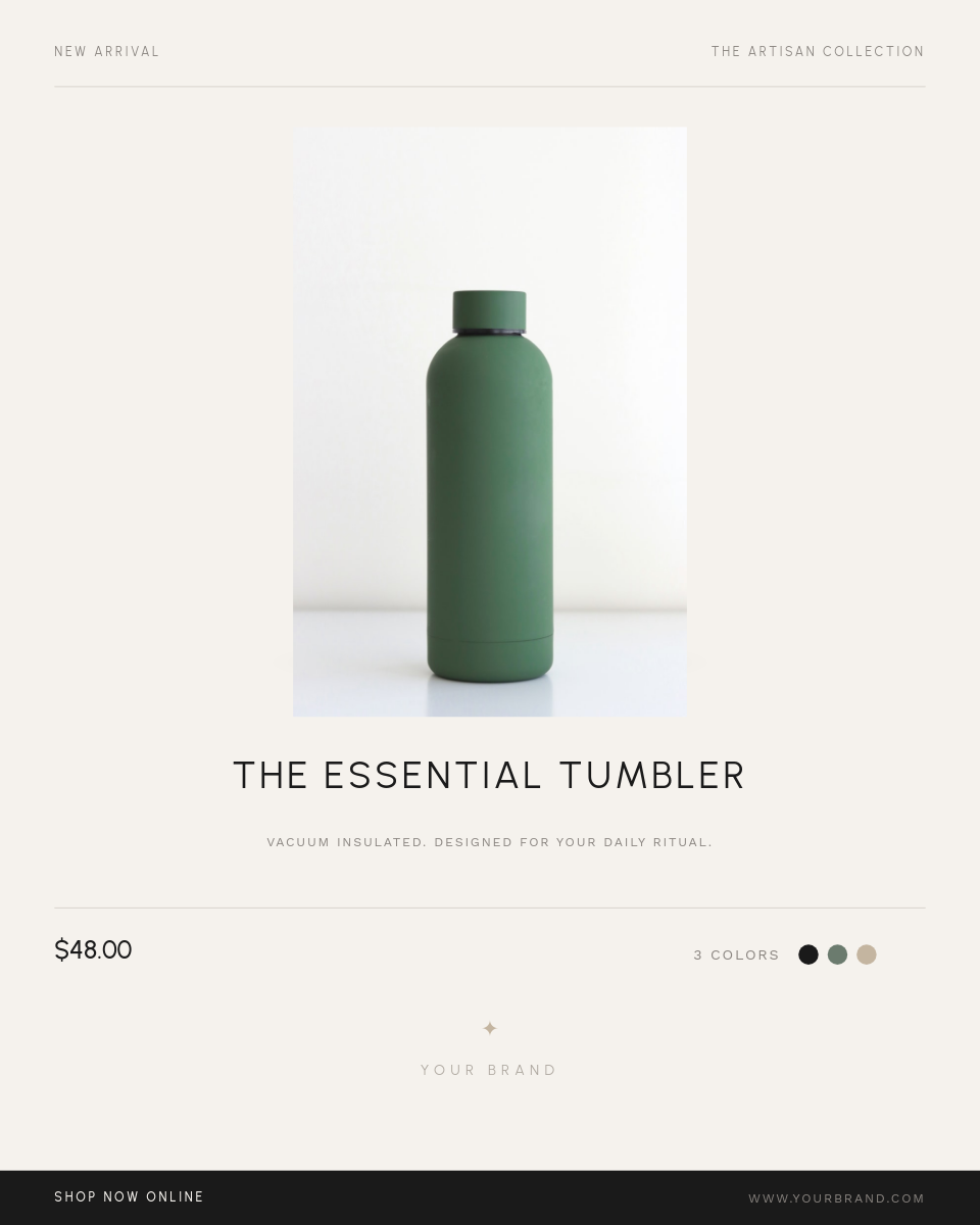 Clean Minimal Product Showcase Ad with Centered Photo and Editorial Typography