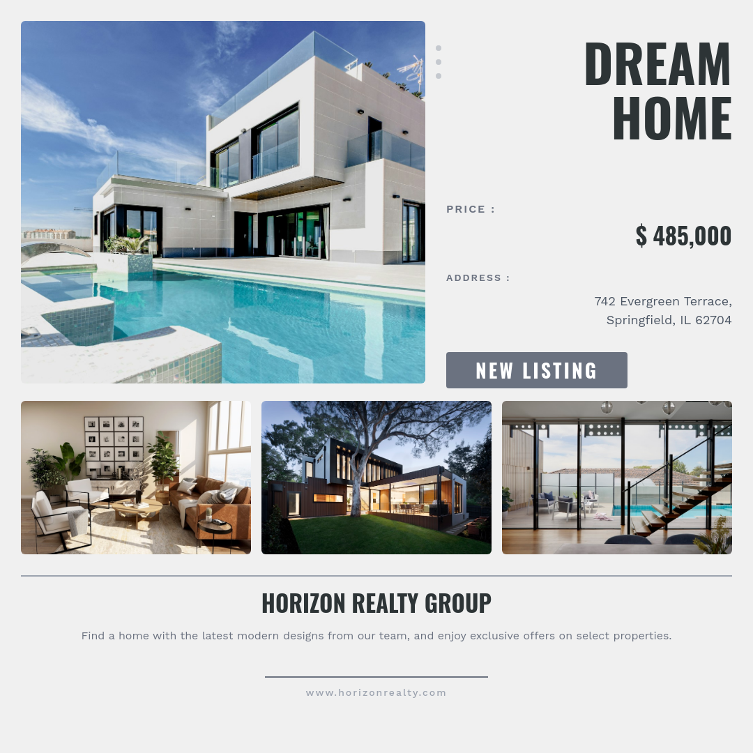 Slate Gray Multi-Photo Property Sale with Gallery Row and Bold Headline