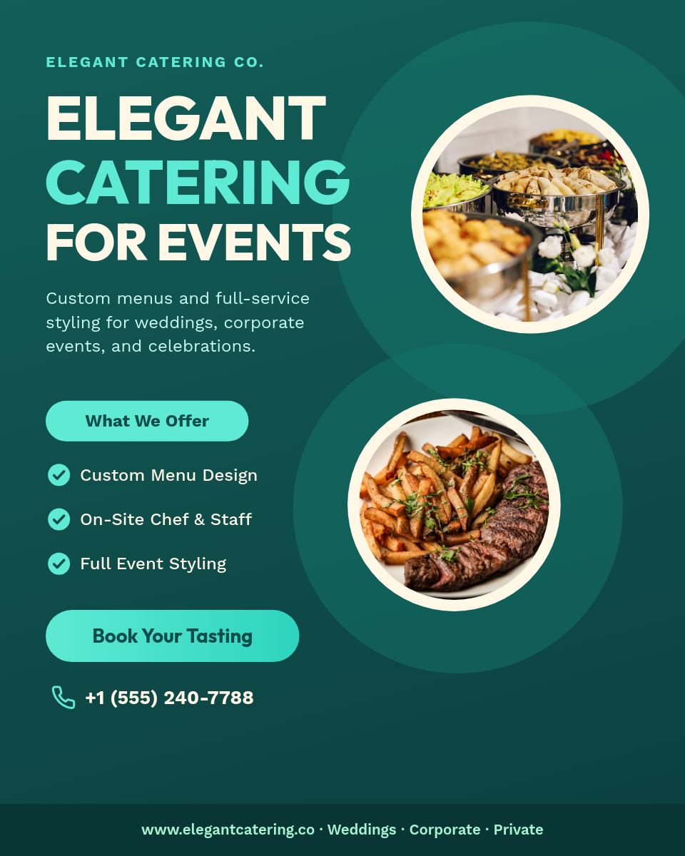 Bold Teal Catering Service Instagram Ad with Circular Food Photos