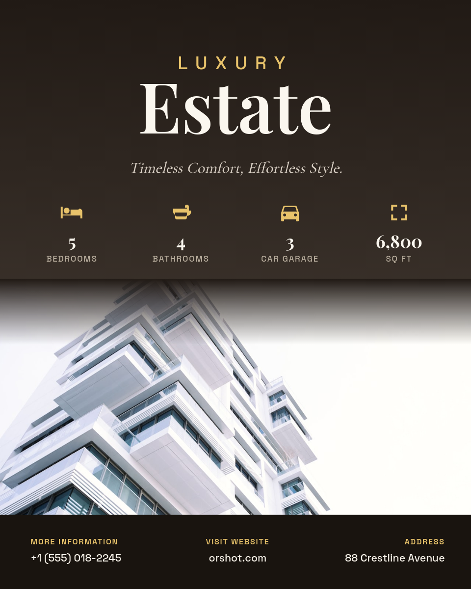 Luxury Estate Real-Estate Flyer — Charcoal & Gold with Spec Row
