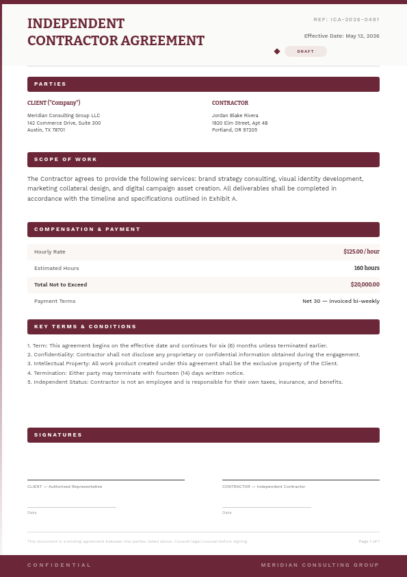 Professional Independent Contractor Agreement with Burgundy Section Bars and Dual Signature Blocks