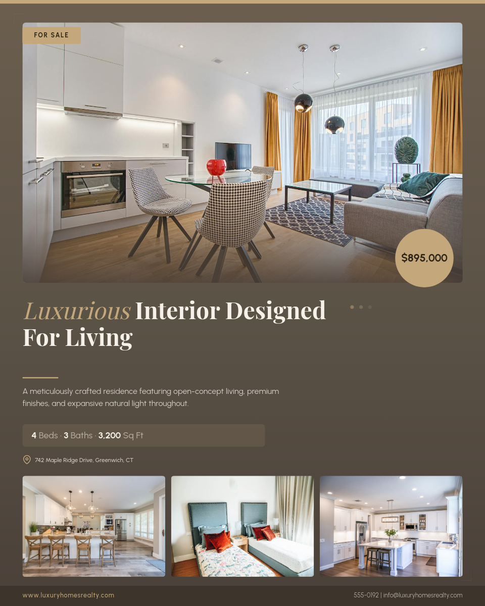 Warm Brown Luxury Interior Property Listing with Multi-Photo Gallery Grid
