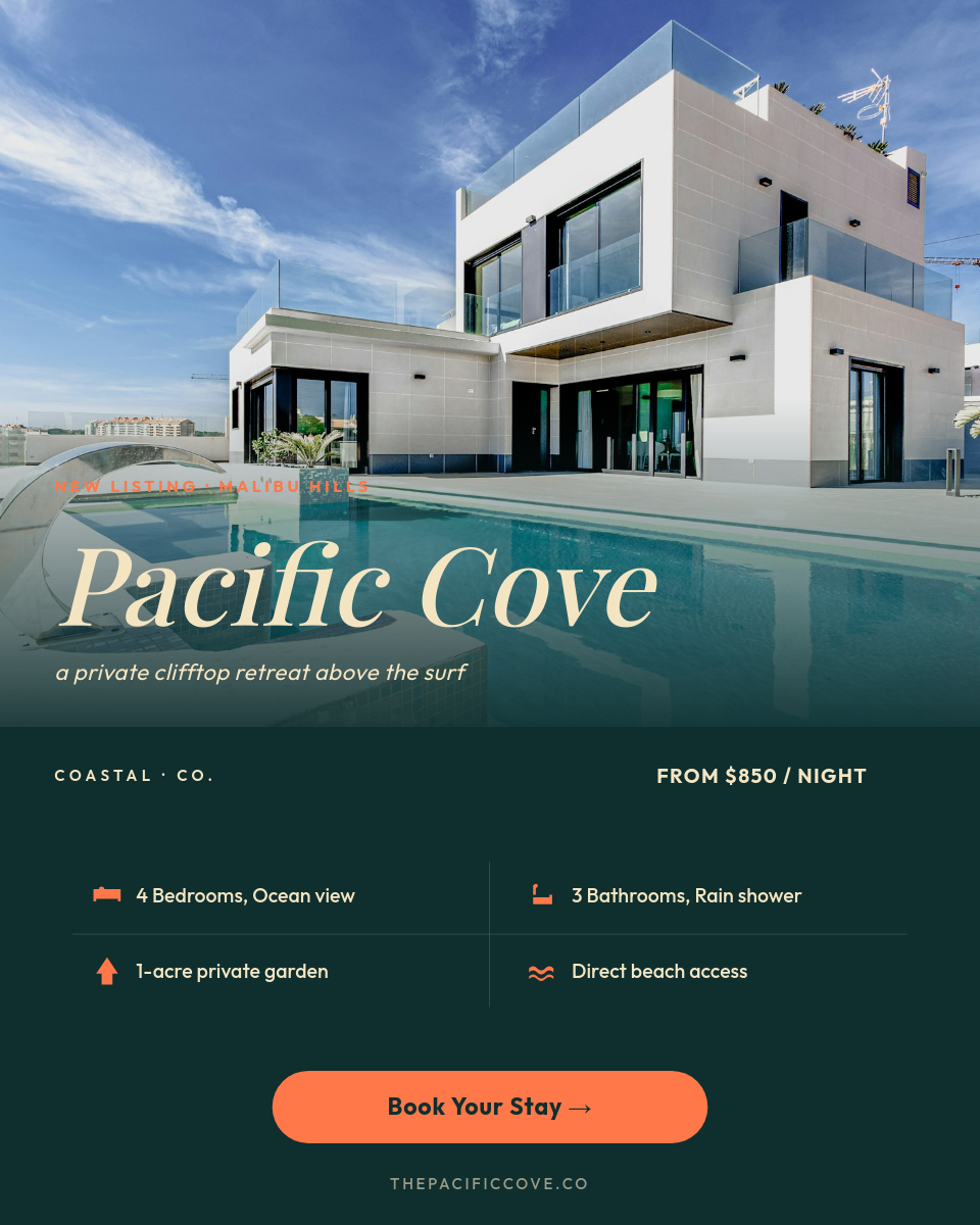 Deep Teal & Coral Coastal Villa Vacation Rental Listing Instagram 4:5 with Italic Serif Headline and Spec Grid