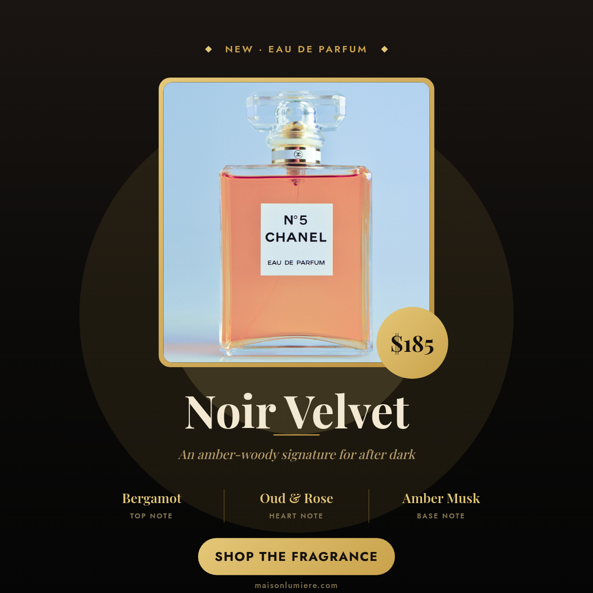 Dark Luxury Perfume Product Card with Gold Notes Grid