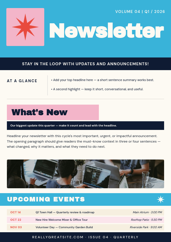Cyan and Hot Pink Bold Editorial Quarterly Team Newsletter A4 Document with Archivo Black Display Title Red Sunburst Star Pink Section Header Photo Strip and Alternating Cream Event Rows