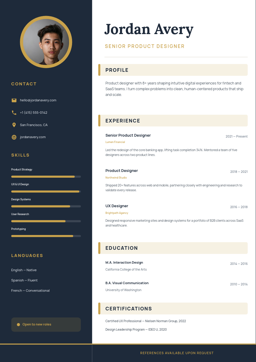 Modern Professional Resume with Navy Sidebar and Gold Accents
