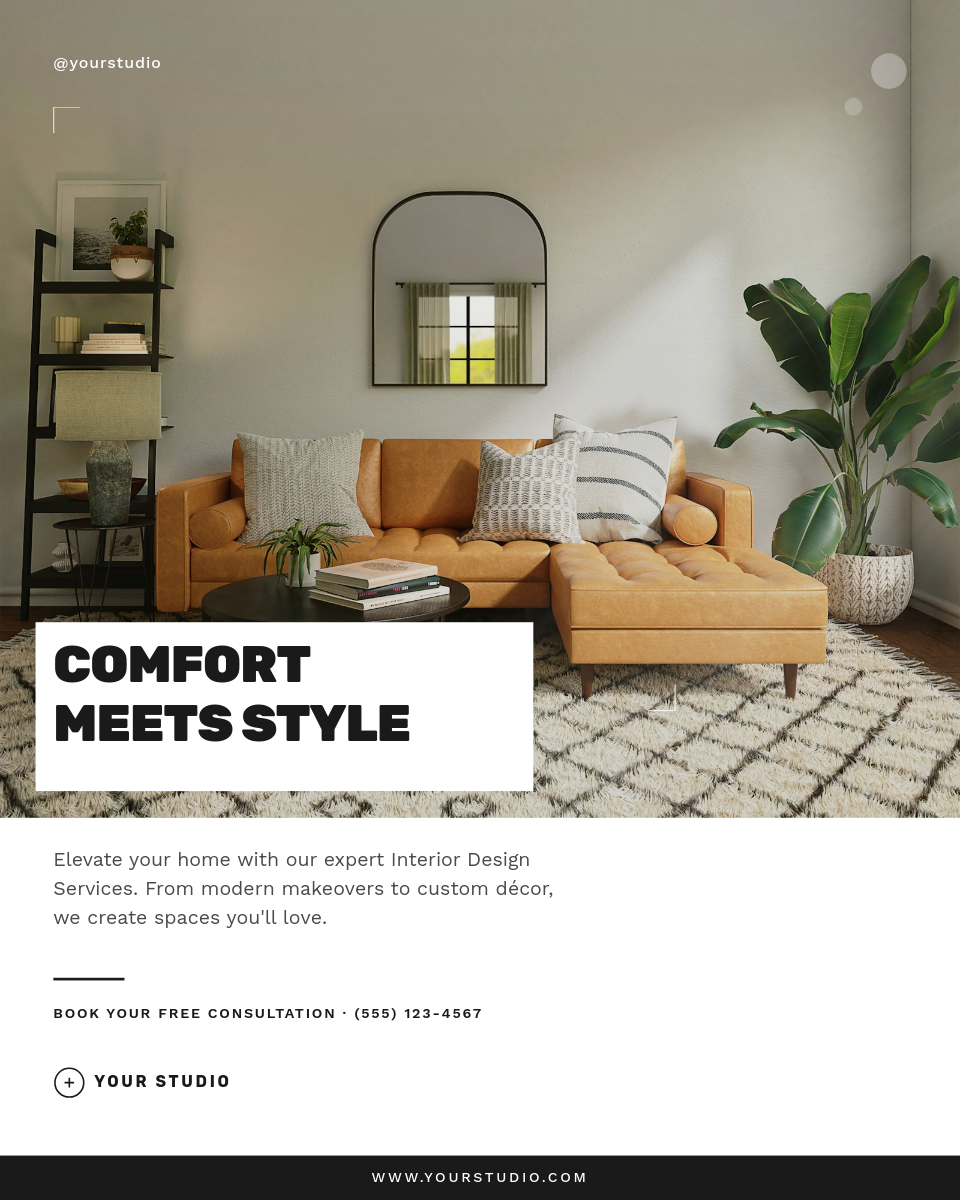 Clean Minimal Interior Design Services Post with White Frame Overlay and Bold Label