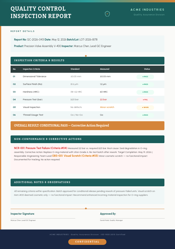 Professional Quality Control Inspection Report with Structured Results Table