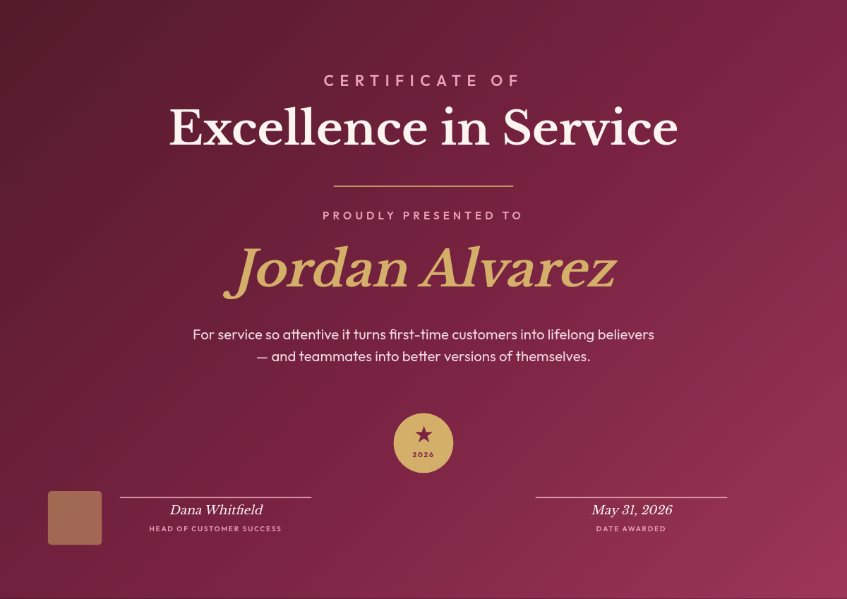 Burgundy & Blush Excellence in Service Certificate