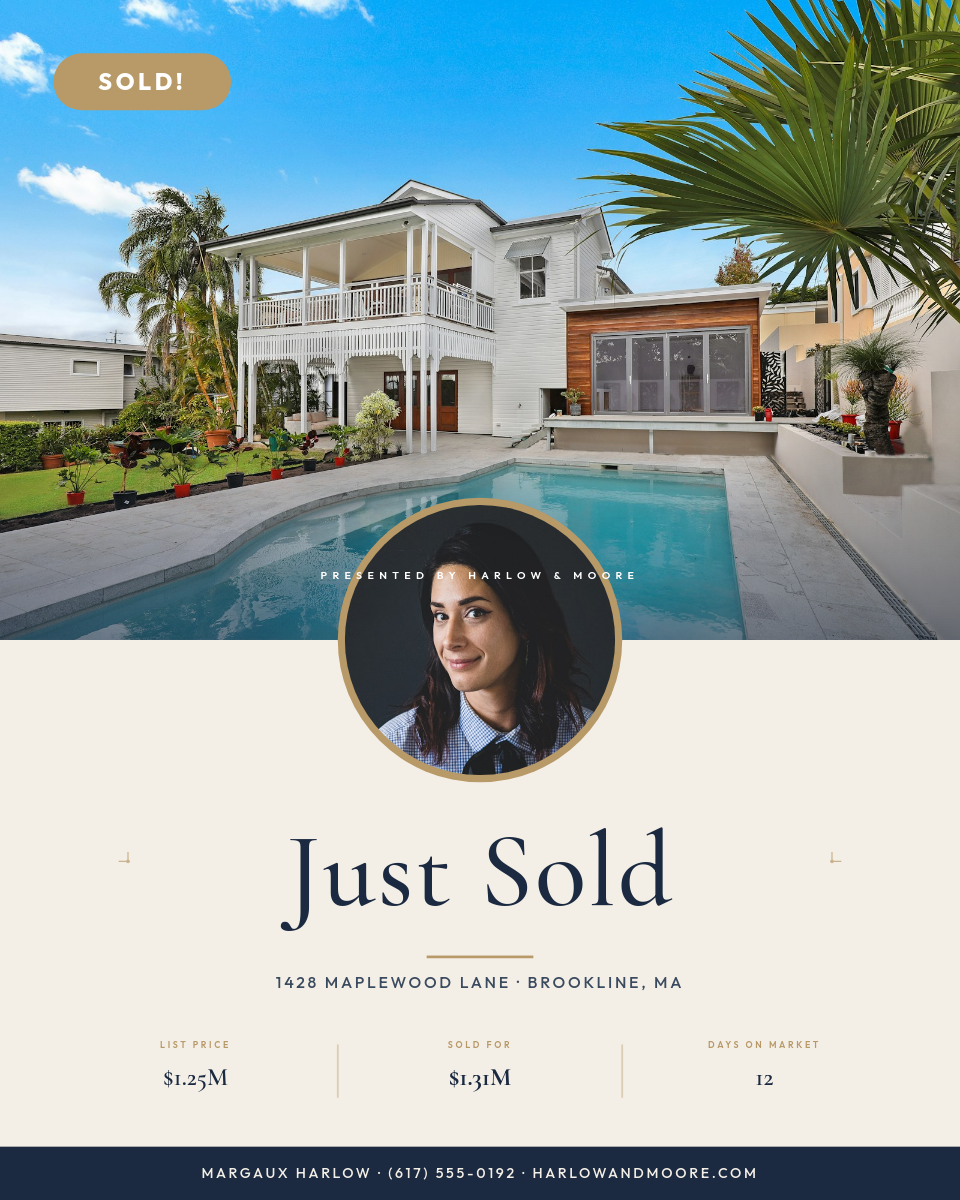 Cream Navy Just Sold Real Estate Celebration Card with Circular Agent Headshot and Gold Accents