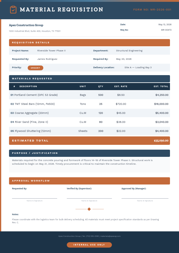 Professional Material Requisition Form with Slate Blue Headers and Copper Accents