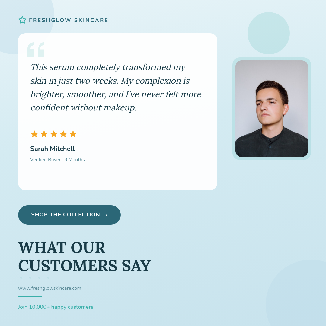 Clean Sky Blue Customer Testimonial Card with Star Rating and Photo