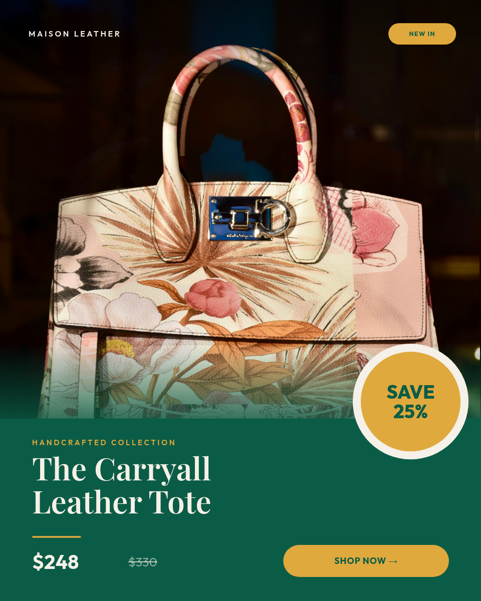 Emerald & Gold Leather Tote Product Card with Save Badge
