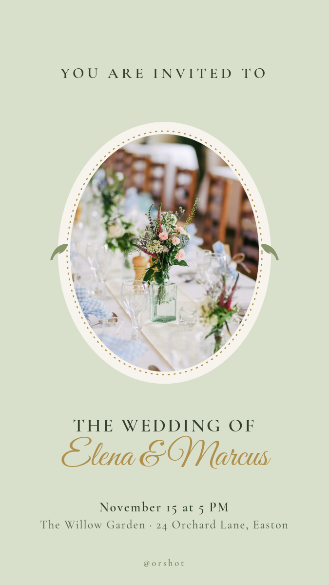 Elegant Sage Wedding Invitation Story — Lace Oval Photo Frame