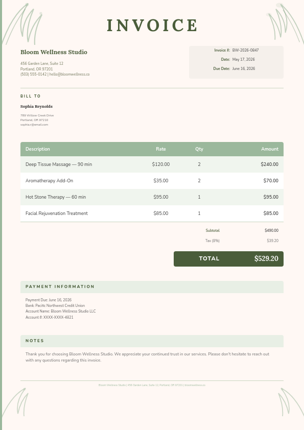 Elegant Botanical Wellness Invoice with Eucalyptus Leaf Accents and Sage Green Table