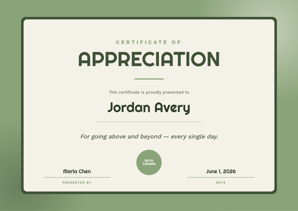 Sage & Bone Certificate of Appreciation — Floating Card