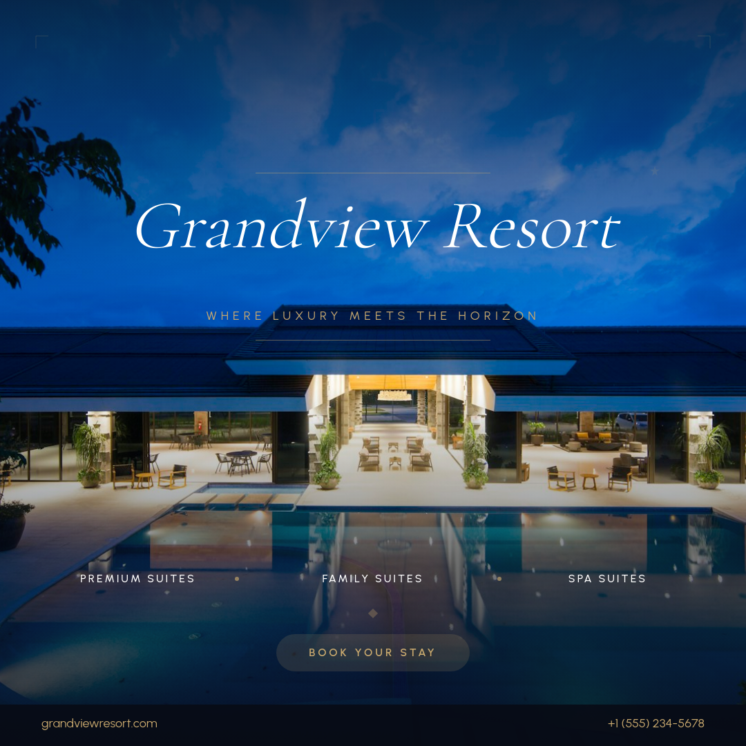 Elegant Night Luxury Hotel Promo with Script Headline and Suite Categories on Full-Bleed Photo