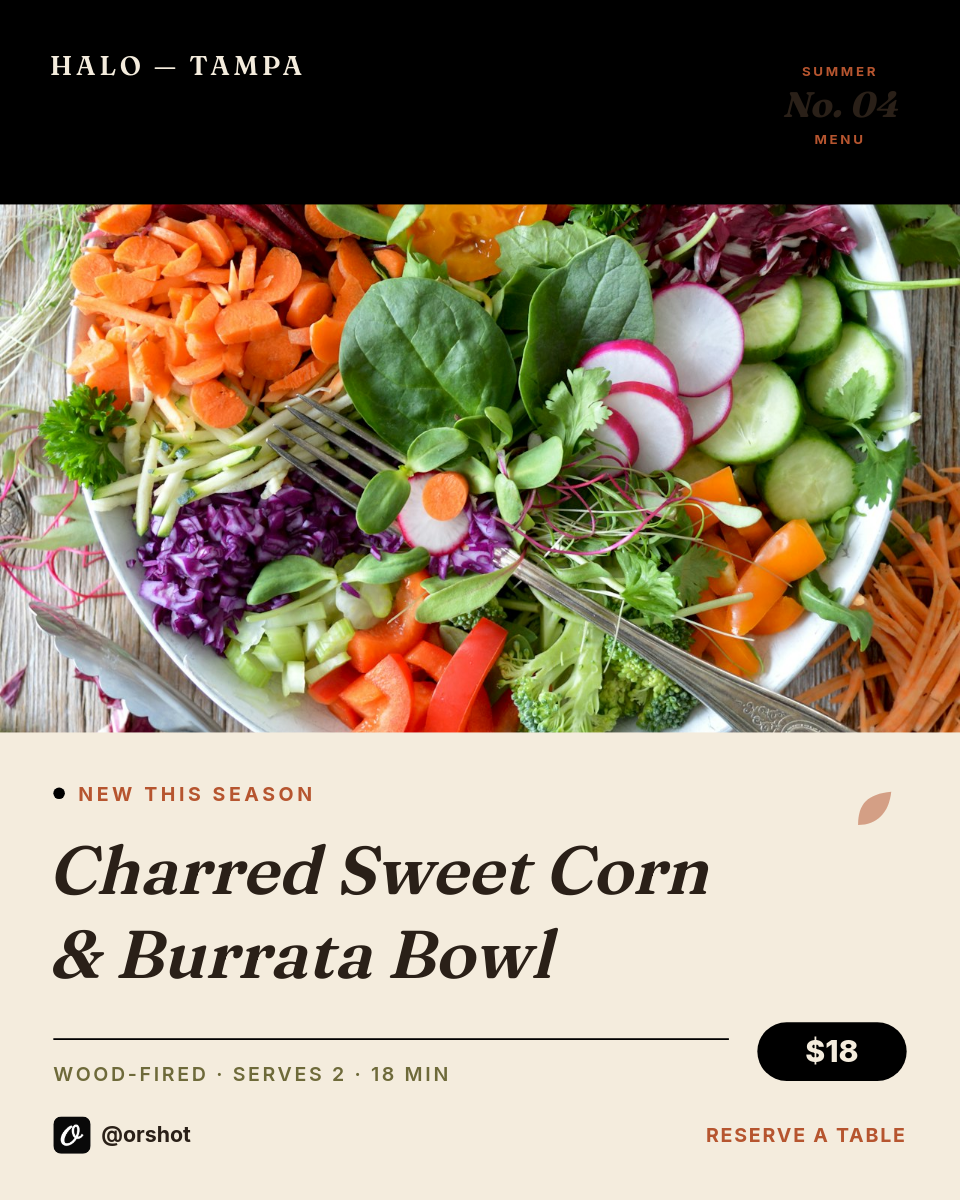 Rustic Cream Seasonal Dish Card — Fraunces Italic Name, Wood-Bowl Photo Hero & No. Badge