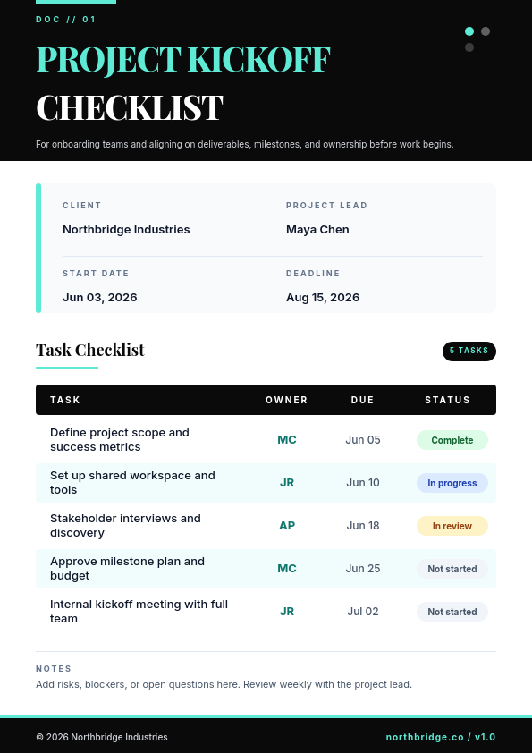 Black and Mint Project Kickoff Checklist with Bold Serif Header, Info Card, and Status Pill Task Table