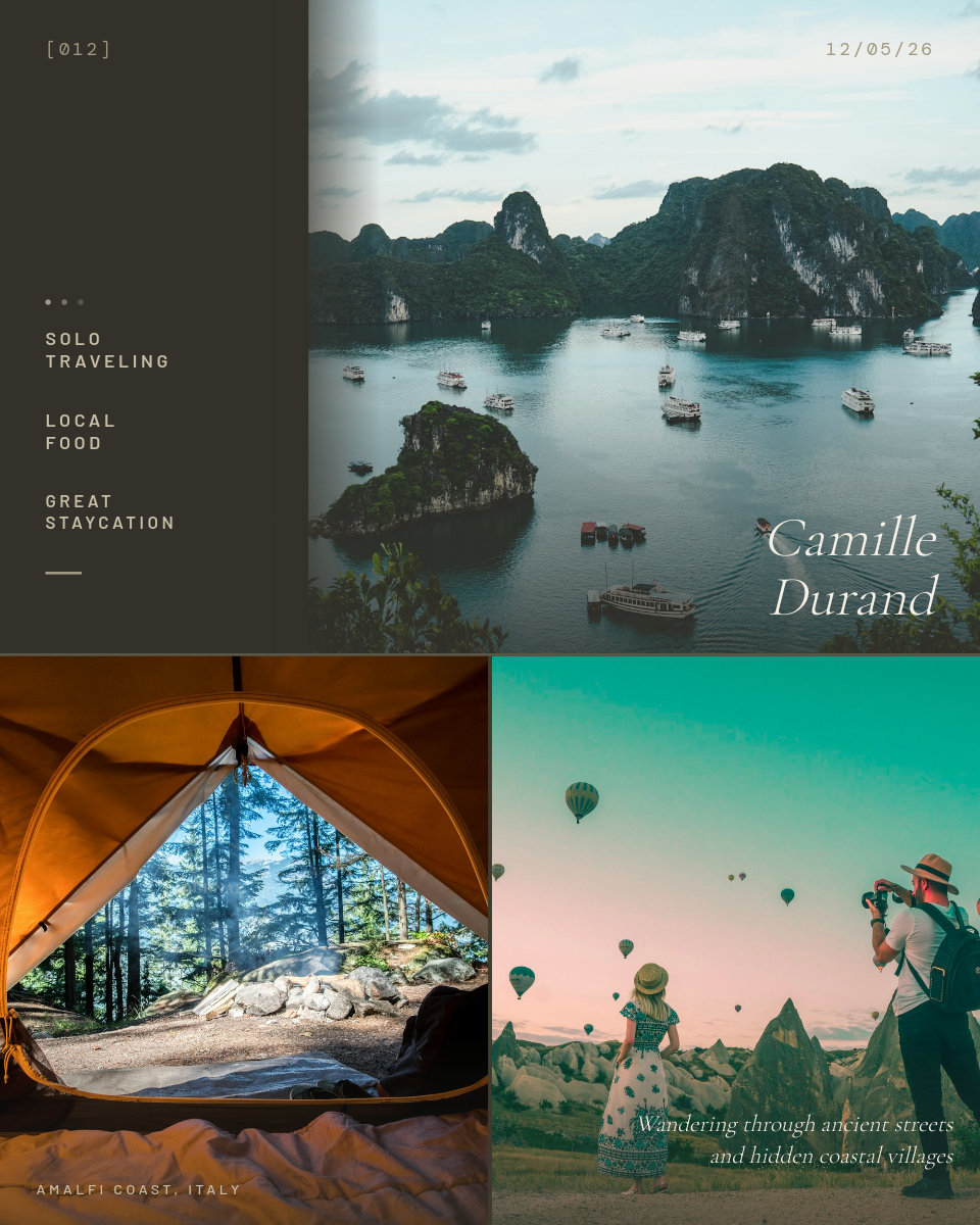 Moody Olive Editorial Travel Journal with Script Name and Photo Grid