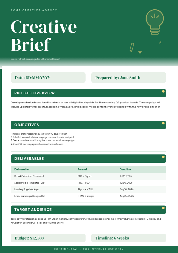 Bold Green Project Creative Brief with Illustrated Accents and Structured Sections