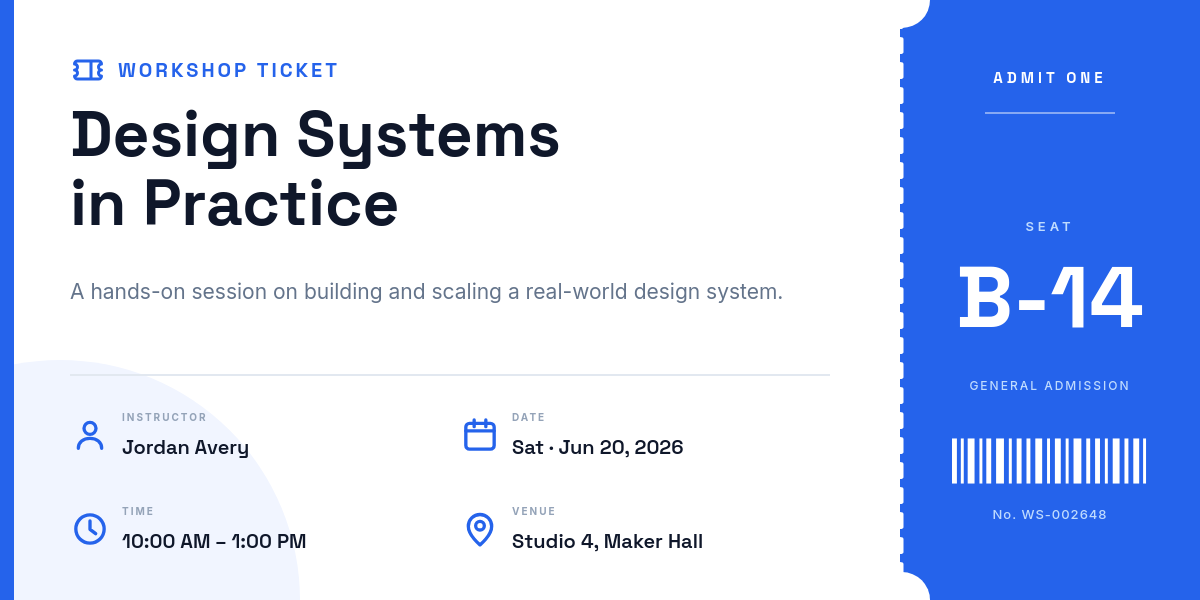 Clean Blue Workshop Event Ticket with Perforated Stub