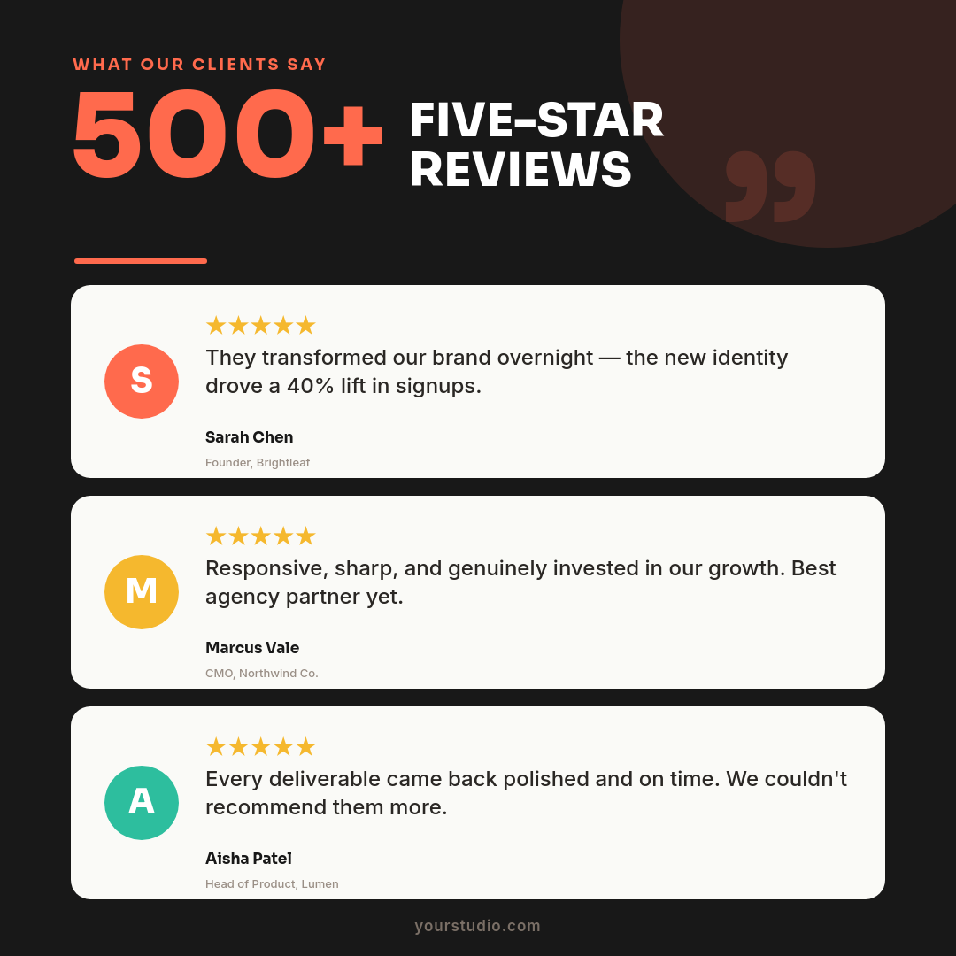 Bold Dark Five-Star Review Highlight Testimonial Card