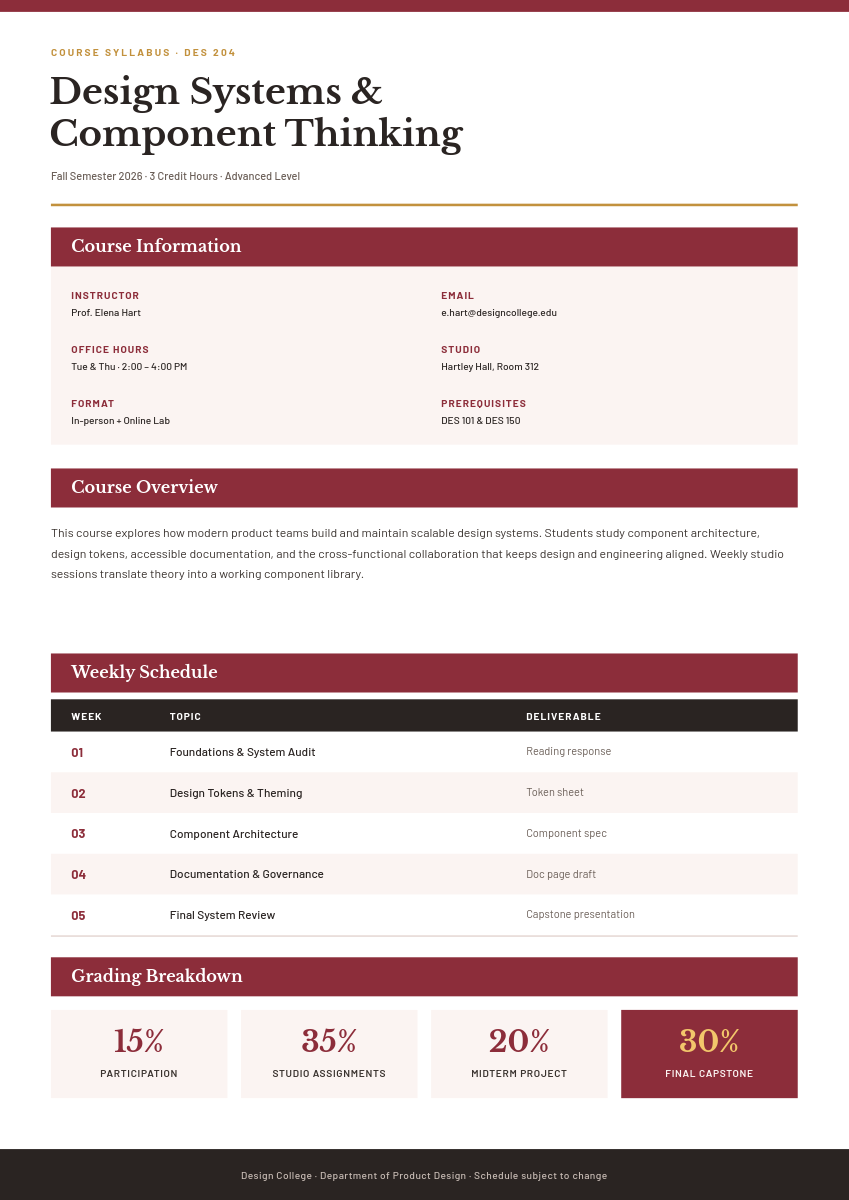 Burgundy & Gold Course Syllabus with Weekly Schedule Table