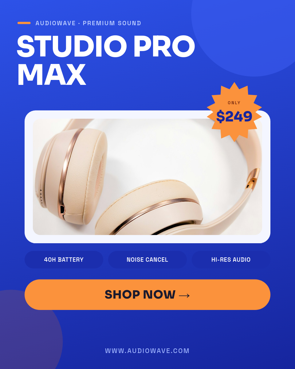 Bold Cobalt Headphones Product Card with Starburst Price Badge