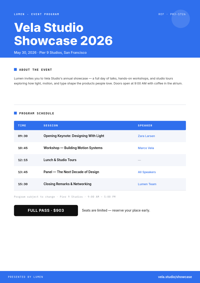 Mono Grid Event Program — Blue Header with Schedule Table