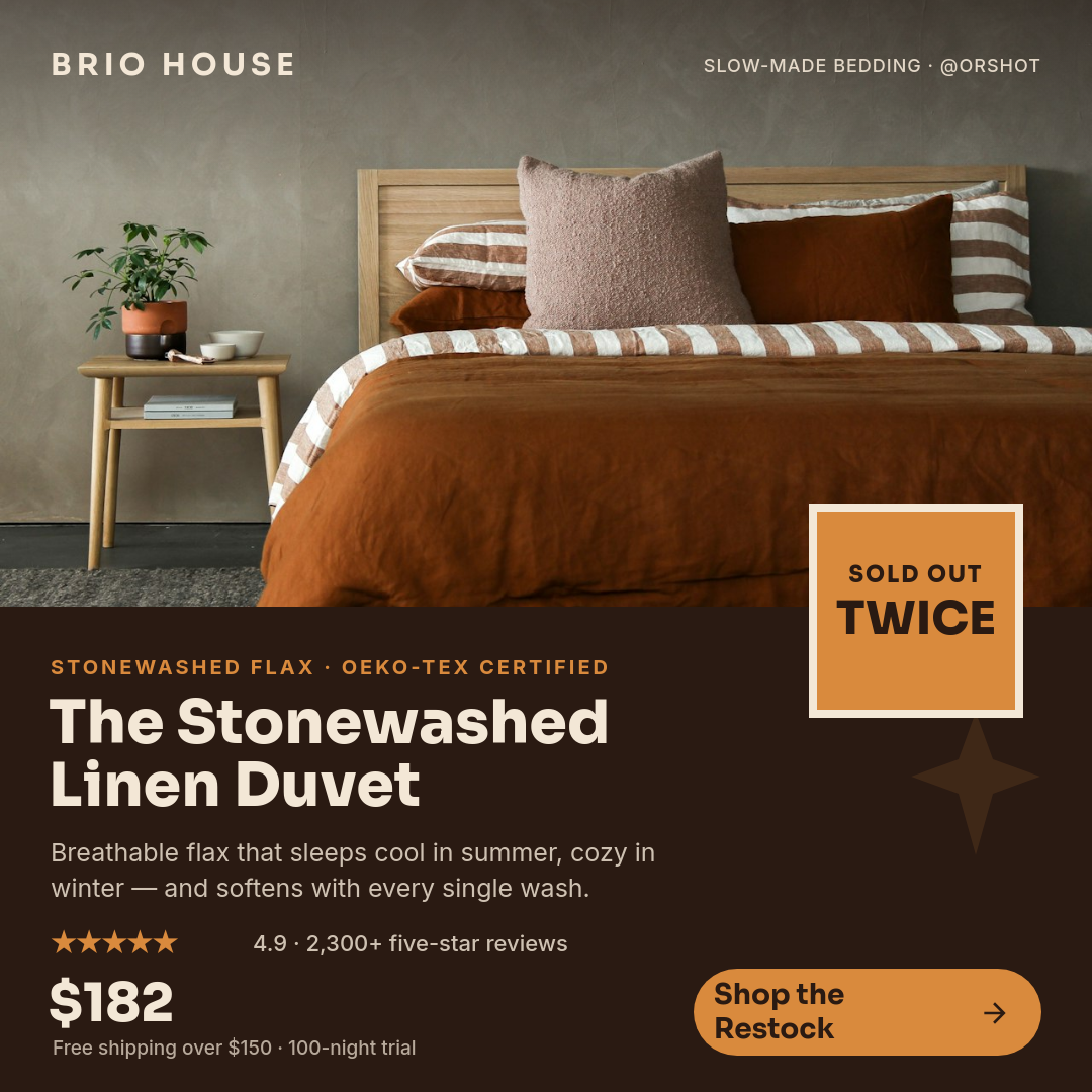 Espresso & Terracotta Linen-Duvet Product Card — Sora Bold IG Square