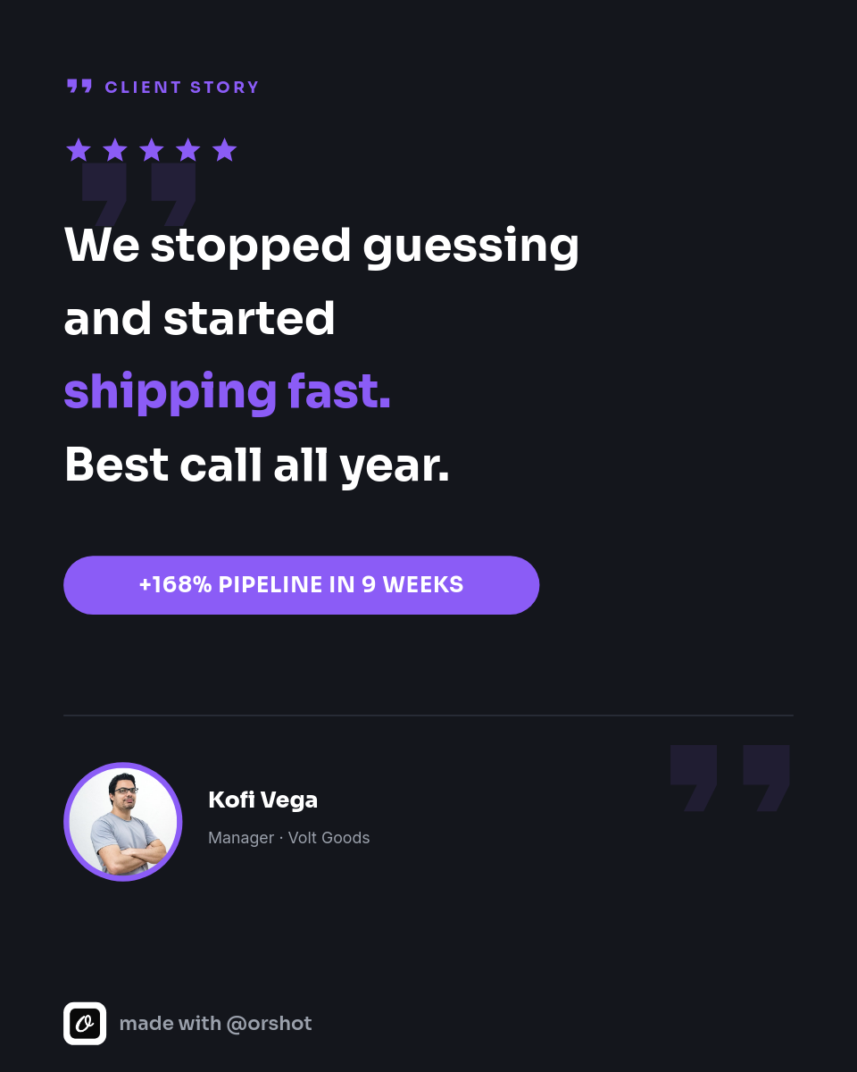 Dark Client Testimonial Card — Charcoal & Violet, Bold Sora Quote, 5 Stars & Headshot