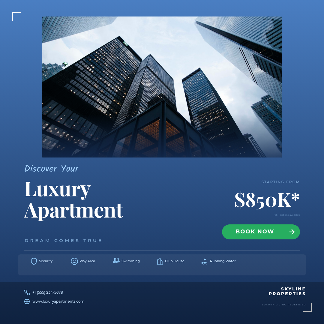 Blue Sky Luxury Apartment Tower Listing with White Frame Overlay and Amenity Icons