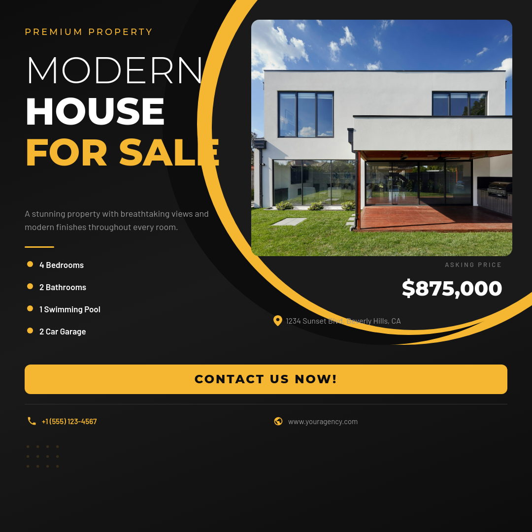 Dark Bold House For Sale with Golden Yellow Swoosh Accents and Feature List