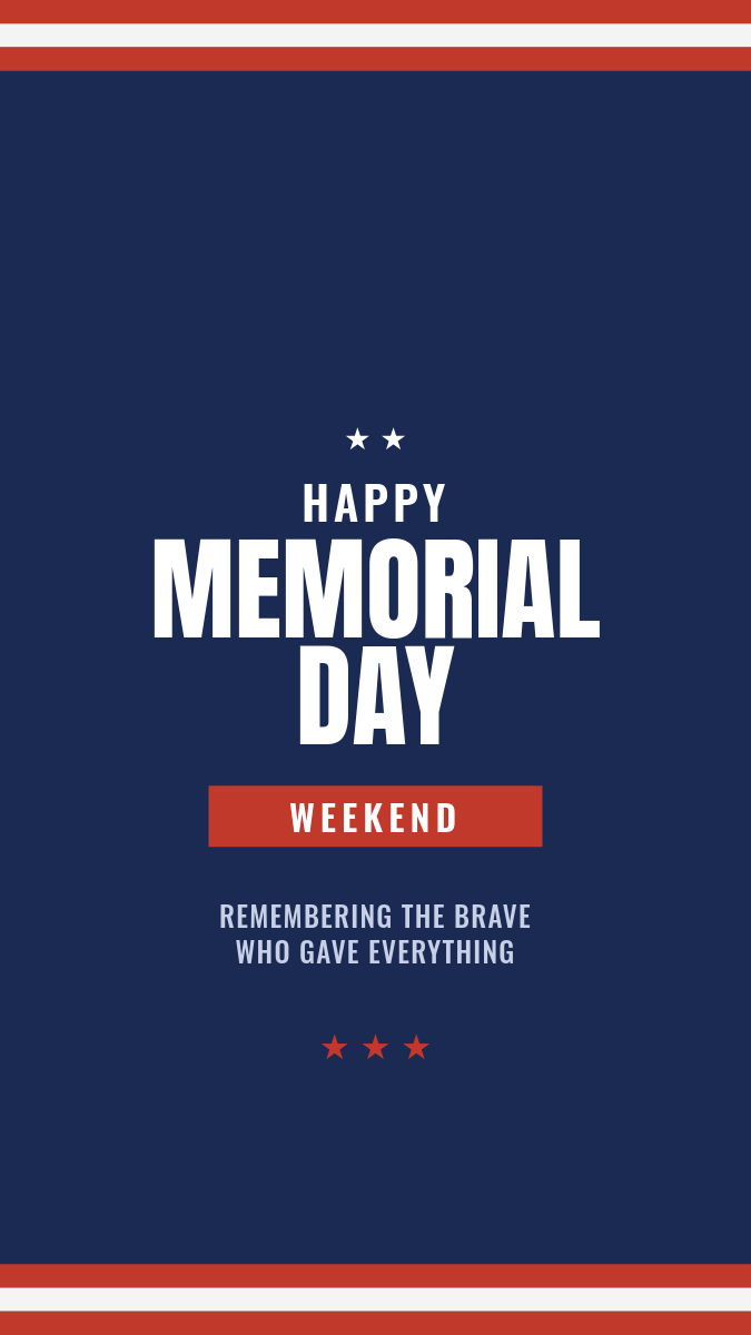 Patriotic Memorial Day Weekend Story — Navy, Flag Stripes, Star Ribbon Headline