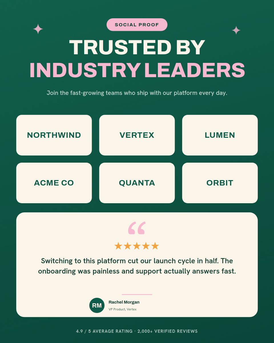 Bold Emerald Trusted-By Logo Wall & Testimonial Card